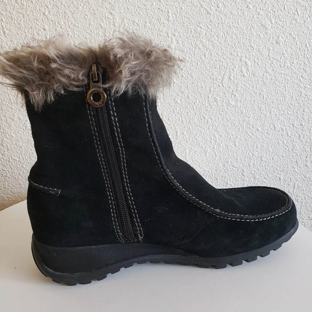 #Sporto Women Black Real Suede Upper Faux Fur Trim Ankle Zip Boots